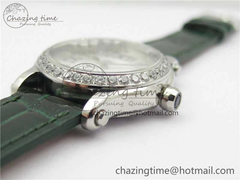 EyeCatching HAPPY SPORT AUTOMATIC SS 36MM CRYSTAL YYF 1:1 BEST EDITION WHITE DIAL ON GREEN LEATHER STRAP A 10313