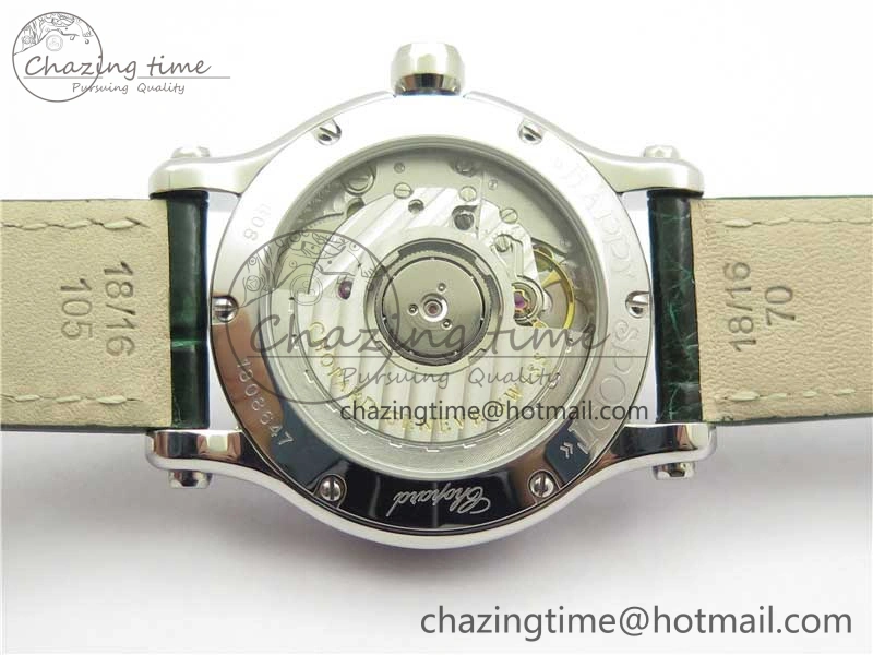 EyeCatching HAPPY SPORT AUTOMATIC SS 36MM CRYSTAL YYF 1:1 BEST EDITION WHITE DIAL ON GREEN LEATHER STRAP A 10313