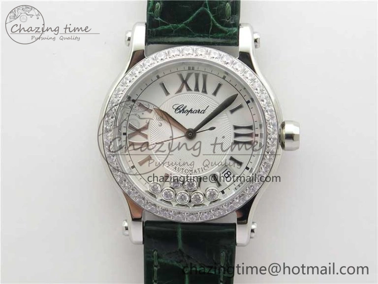 TopPick HAPPY SPORT AUTOMATIC SS 36MM CRYSTAL YYF 1:1 BEST EDITION WHITE DIAL ON GREEN LEATHER STRAP A 6387