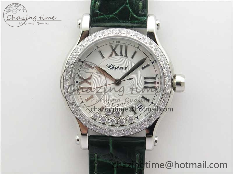 EyeCatching HAPPY SPORT AUTOMATIC SS 36MM CRYSTAL YYF 1:1 BEST EDITION WHITE DIAL ON GREEN LEATHER STRAP A 10313