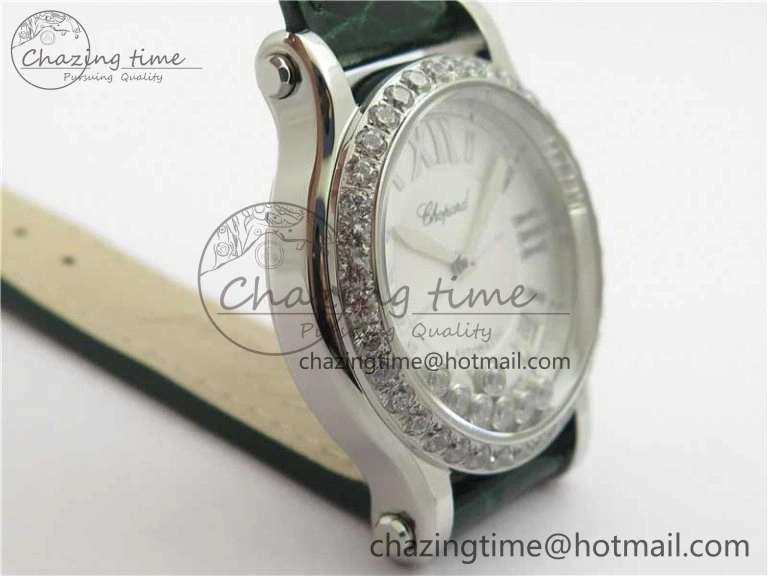 EyeCatching HAPPY SPORT AUTOMATIC SS 36MM CRYSTAL YYF 1:1 BEST EDITION WHITE DIAL ON GREEN LEATHER STRAP A 10313