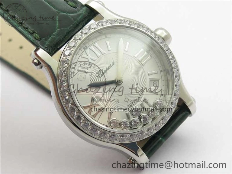 EyeCatching HAPPY SPORT AUTOMATIC SS 36MM CRYSTAL YYF 1:1 BEST EDITION WHITE DIAL ON GREEN LEATHER STRAP A 10313