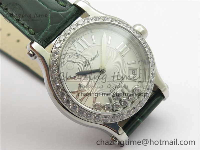 EyeCatching HAPPY SPORT AUTOMATIC SS 36MM CRYSTAL YYF 1:1 BEST EDITION WHITE DIAL ON GREEN LEATHER STRAP A 10313