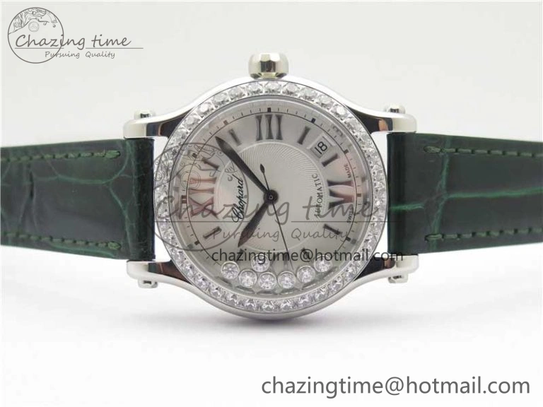 EyeCatching HAPPY SPORT AUTOMATIC SS 36MM CRYSTAL YYF 1:1 BEST EDITION WHITE DIAL ON GREEN LEATHER STRAP A 10313