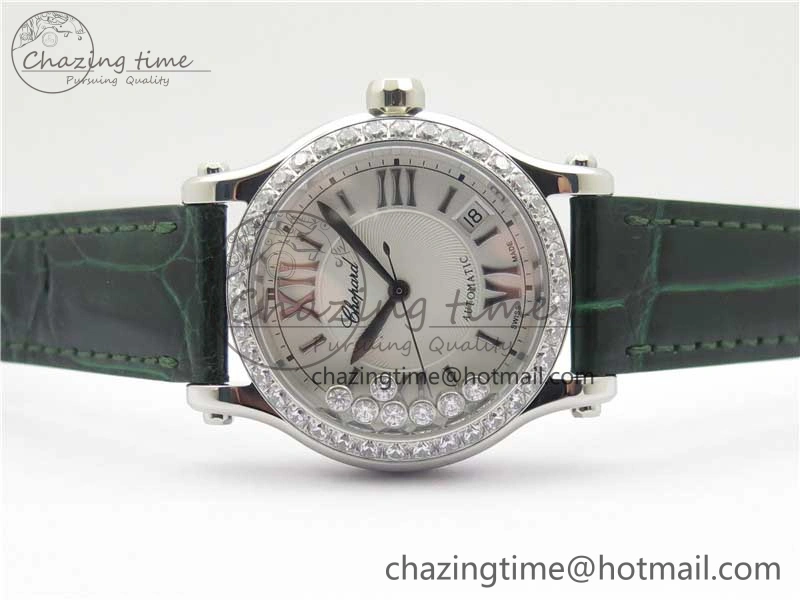 EyeCatching HAPPY SPORT AUTOMATIC SS 36MM CRYSTAL YYF 1:1 BEST EDITION WHITE DIAL ON GREEN LEATHER STRAP A 10313