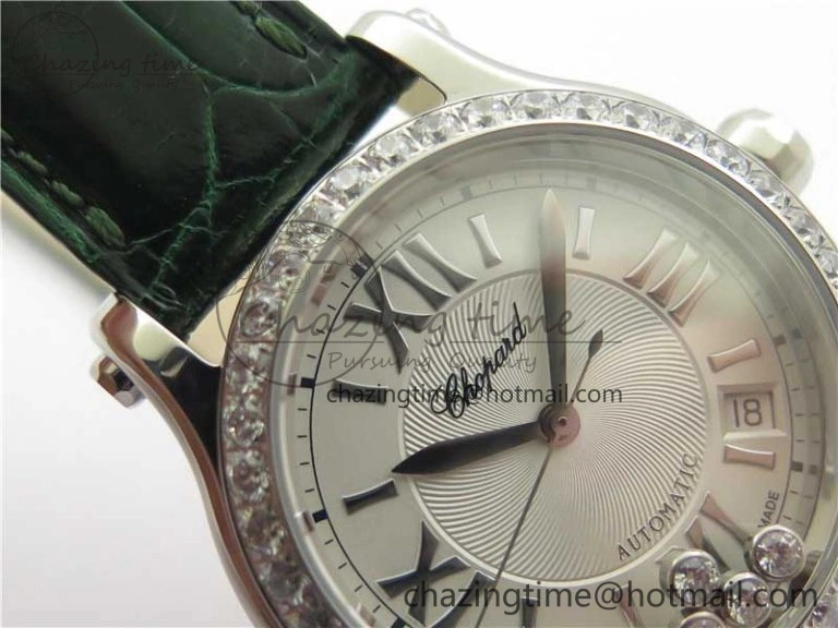 EyeCatching HAPPY SPORT AUTOMATIC SS 36MM CRYSTAL YYF 1:1 BEST EDITION WHITE DIAL ON GREEN LEATHER STRAP A 10313