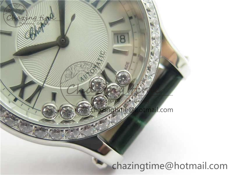 EyeCatching HAPPY SPORT AUTOMATIC SS 36MM CRYSTAL YYF 1:1 BEST EDITION WHITE DIAL ON GREEN LEATHER STRAP A 10313