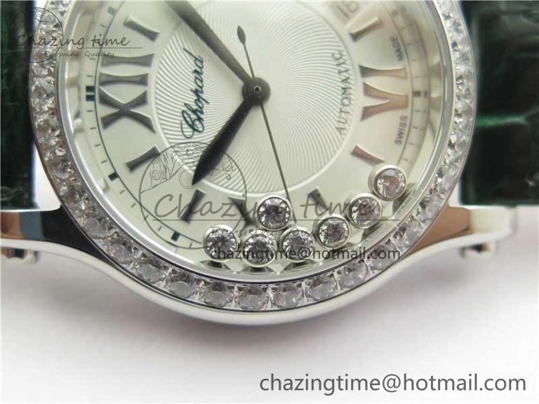 EyeCatching HAPPY SPORT AUTOMATIC SS 36MM CRYSTAL YYF 1:1 BEST EDITION WHITE DIAL ON GREEN LEATHER STRAP A 10313