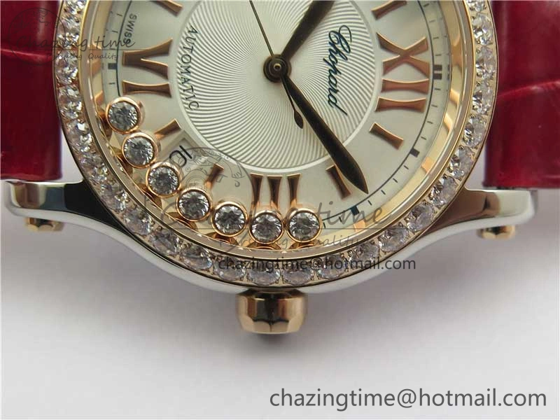 NewStyle HAPPY SPORT AUTOMATIC SS RG 36MM CRYSTAL YYF 1:1 BEST EDITION WHITE DIAL ON RED LEATHER STRAP A 10309