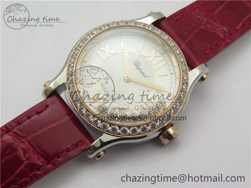 NewStyle HAPPY SPORT AUTOMATIC SS RG 36MM CRYSTAL YYF 1:1 BEST EDITION WHITE DIAL ON RED LEATHER STRAP A 10309