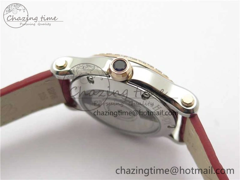 NewStyle HAPPY SPORT AUTOMATIC SS RG 36MM CRYSTAL YYF 1:1 BEST EDITION WHITE DIAL ON RED LEATHER STRAP A 10309