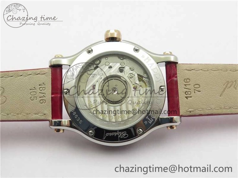 NewStyle HAPPY SPORT AUTOMATIC SS RG 36MM CRYSTAL YYF 1:1 BEST EDITION WHITE DIAL ON RED LEATHER STRAP A 10309