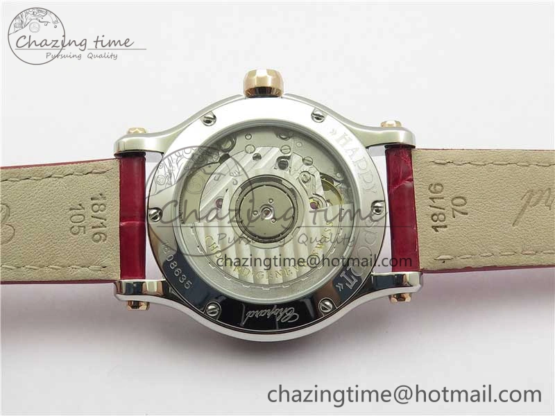 NewStyle HAPPY SPORT AUTOMATIC SS RG 36MM CRYSTAL YYF 1:1 BEST EDITION WHITE DIAL ON RED LEATHER STRAP A 10309