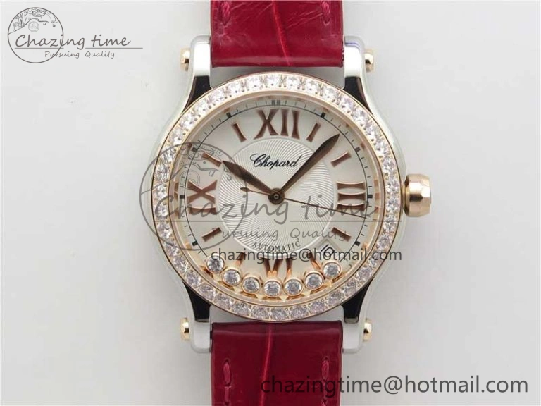Practical HAPPY SPORT AUTOMATIC SS RG 36MM CRYSTAL YYF 1:1 BEST EDITION WHITE DIAL ON RED LEATHER STRAP A 6384
