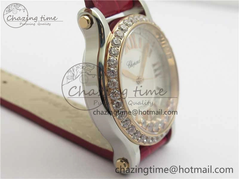 NewStyle HAPPY SPORT AUTOMATIC SS RG 36MM CRYSTAL YYF 1:1 BEST EDITION WHITE DIAL ON RED LEATHER STRAP A 10309