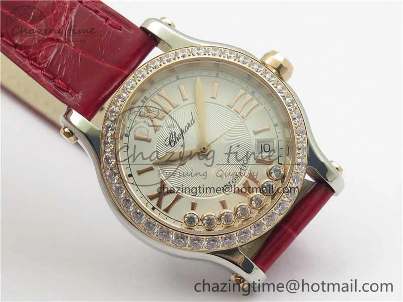 NewStyle HAPPY SPORT AUTOMATIC SS RG 36MM CRYSTAL YYF 1:1 BEST EDITION WHITE DIAL ON RED LEATHER STRAP A 10309