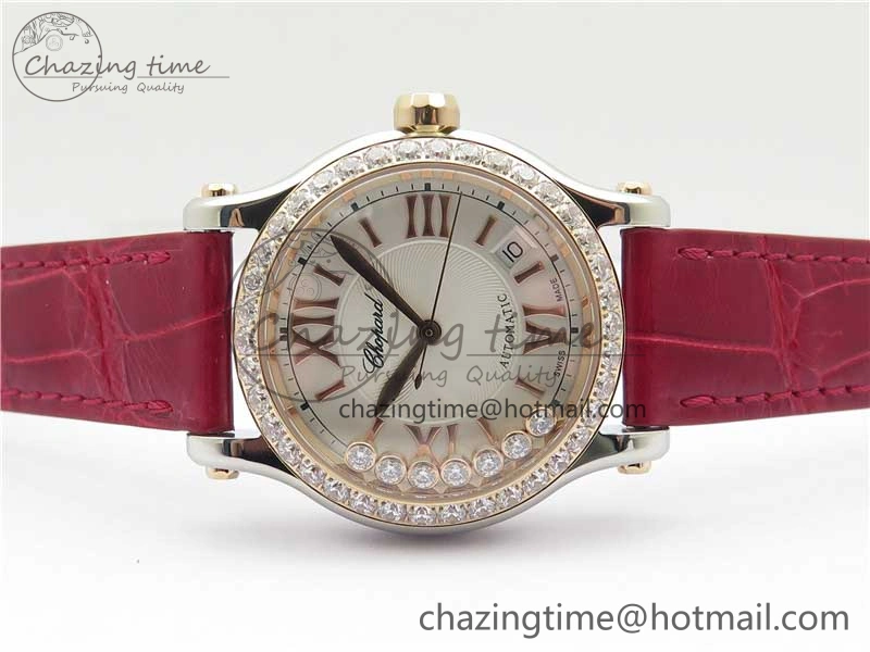 NewStyle HAPPY SPORT AUTOMATIC SS RG 36MM CRYSTAL YYF 1:1 BEST EDITION WHITE DIAL ON RED LEATHER STRAP A 10309