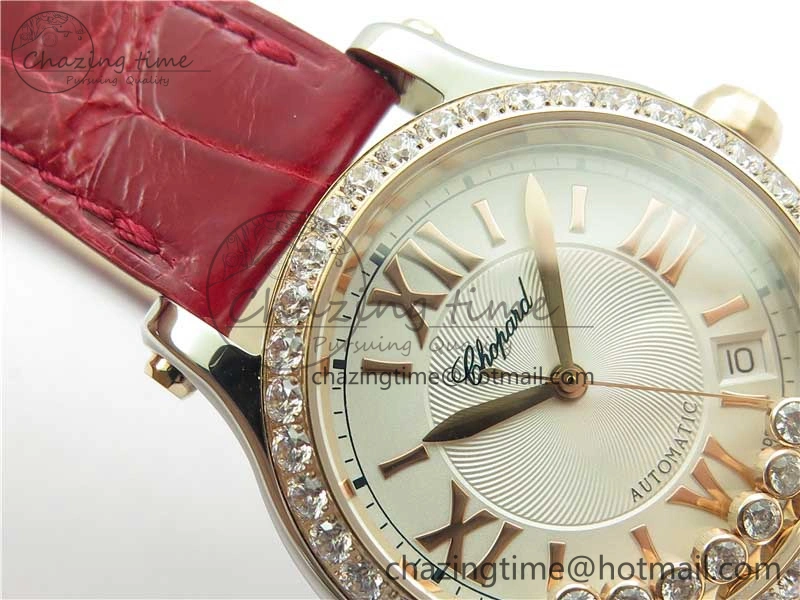 NewStyle HAPPY SPORT AUTOMATIC SS RG 36MM CRYSTAL YYF 1:1 BEST EDITION WHITE DIAL ON RED LEATHER STRAP A 10309
