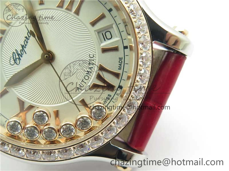 NewStyle HAPPY SPORT AUTOMATIC SS RG 36MM CRYSTAL YYF 1:1 BEST EDITION WHITE DIAL ON RED LEATHER STRAP A 10309