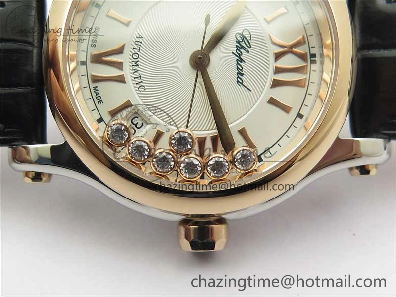 HAPPY SPORT AUTOMATIC SS RG 36MM YYF 1:1 BEST EDITION WHITE DIAL ON BLACK LEATHER STRAP A Minimalist 6382