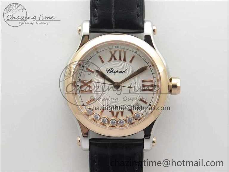 HAPPY SPORT AUTOMATIC SS RG 36MM YYF 1:1 BEST EDITION WHITE DIAL ON BLACK LEATHER STRAP A Minimalist 6382