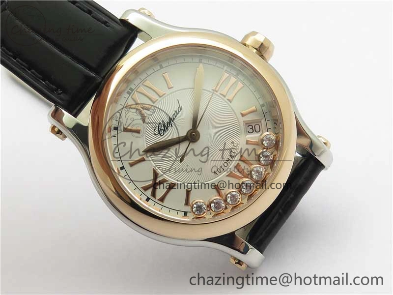 HAPPY SPORT AUTOMATIC SS RG 36MM YYF 1:1 BEST EDITION WHITE DIAL ON BLACK LEATHER STRAP A Minimalist 6382