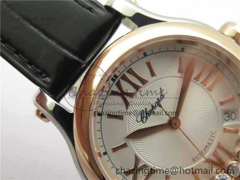 HAPPY SPORT AUTOMATIC SS RG 36MM YYF 1:1 BEST EDITION WHITE DIAL ON BLACK LEATHER STRAP A Minimalist 6382