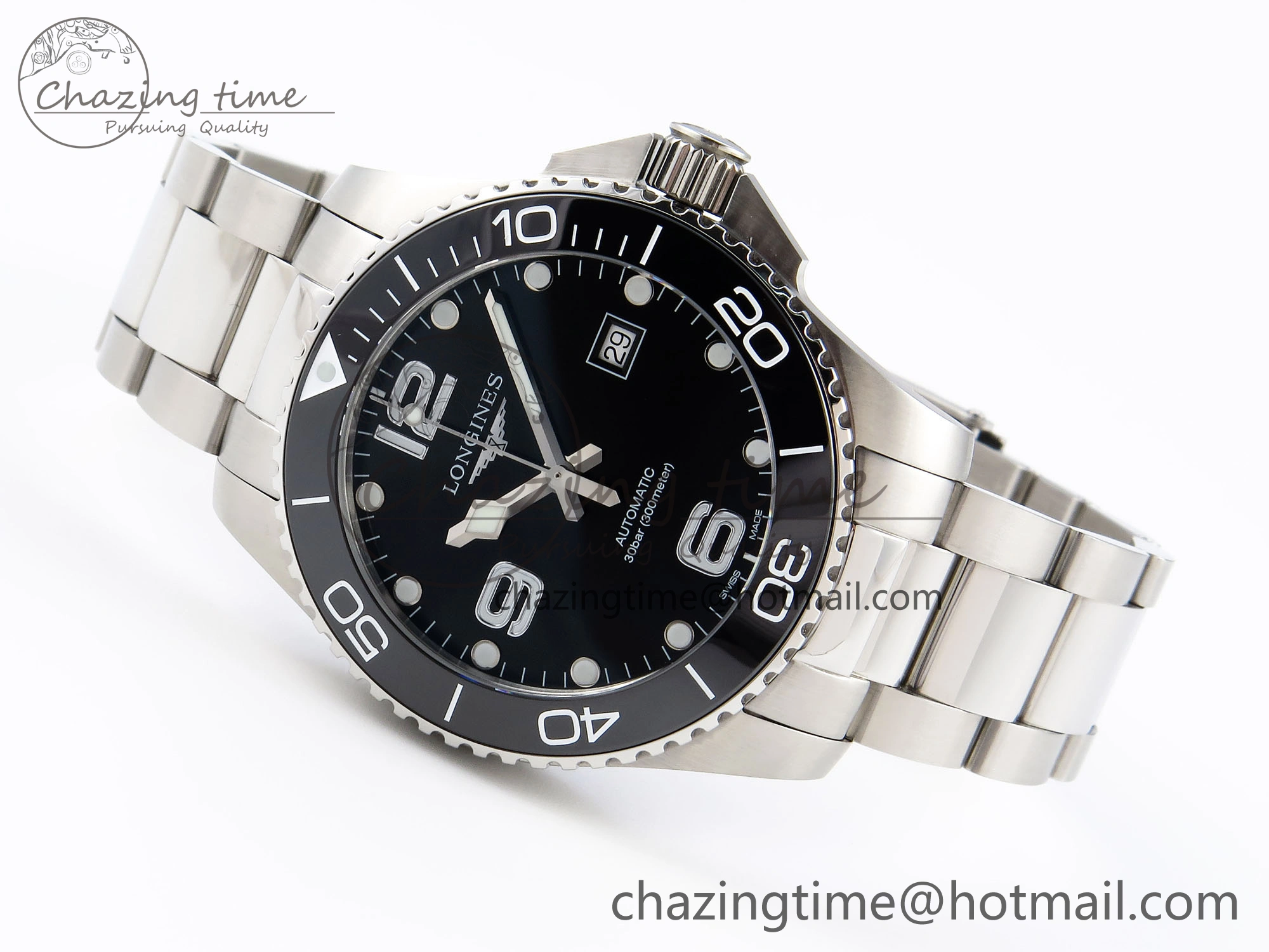 Modern HYDROCONQUEST 43MM SS BLACK CERAMIC BEZEL XF 1:1 BEST EDITION BLACK DIAL ON SS BRACELET L 7618