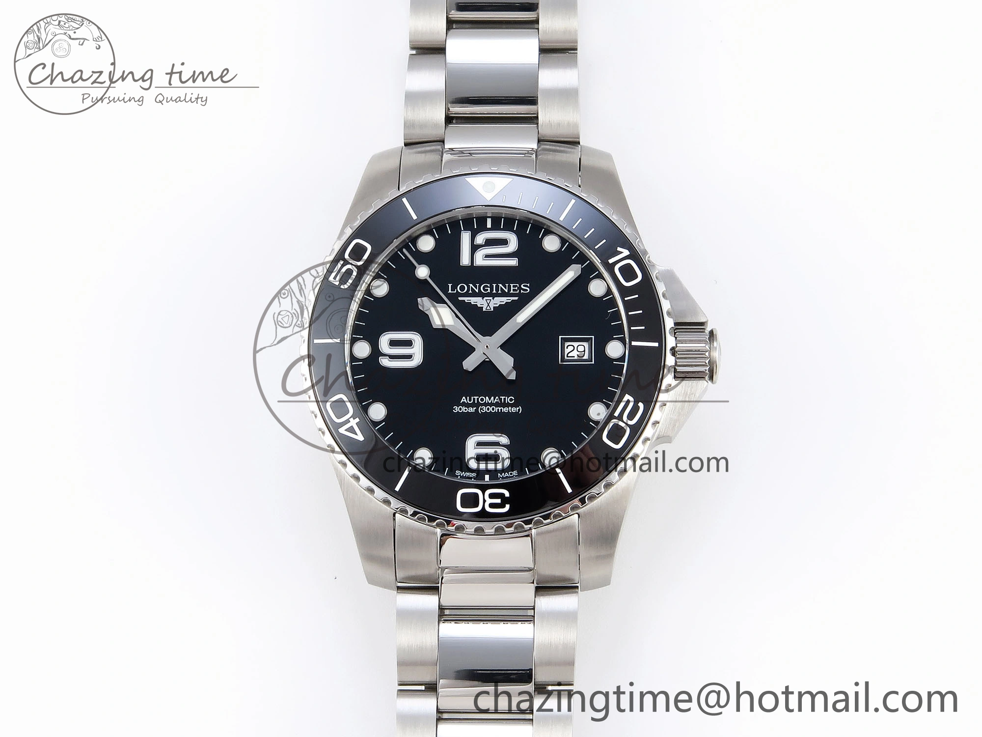Modern HYDROCONQUEST 43MM SS BLACK CERAMIC BEZEL XF 1:1 BEST EDITION BLACK DIAL ON SS BRACELET L 7618