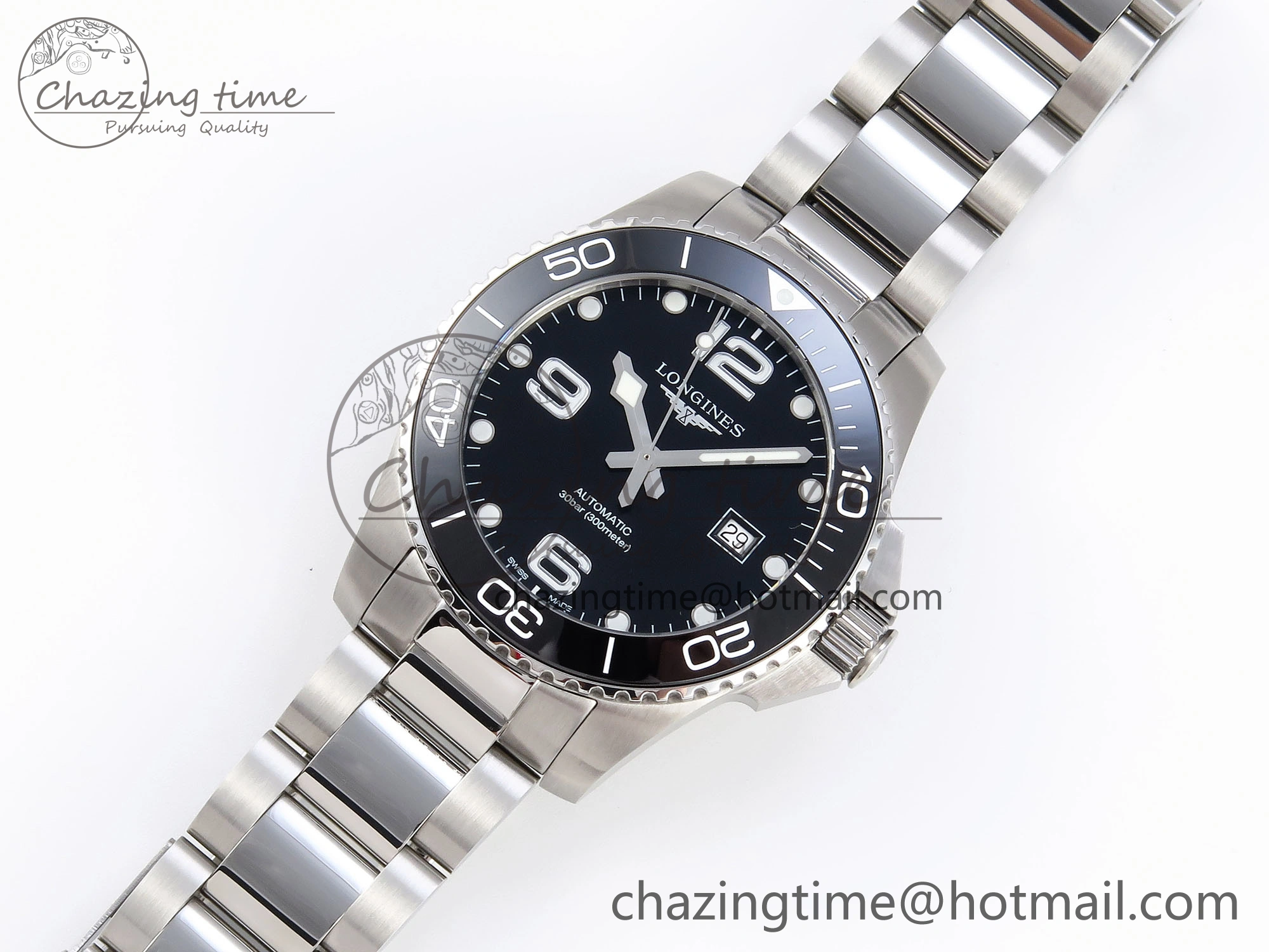 Modern HYDROCONQUEST 43MM SS BLACK CERAMIC BEZEL XF 1:1 BEST EDITION BLACK DIAL ON SS BRACELET L 7618