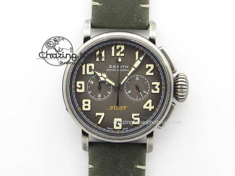ZeroBulk Heritage Pilot Ton-Up Aged SS Case Gray Dial On Green Leather Strap Jap Quartz 10035