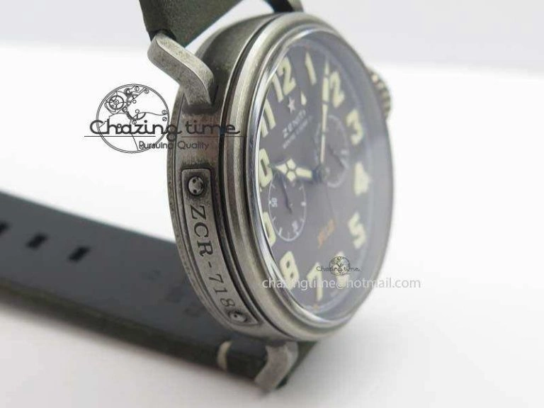 ZeroBulk Heritage Pilot Ton-Up Aged SS Case Gray Dial On Green Leather Strap Jap Quartz 10035