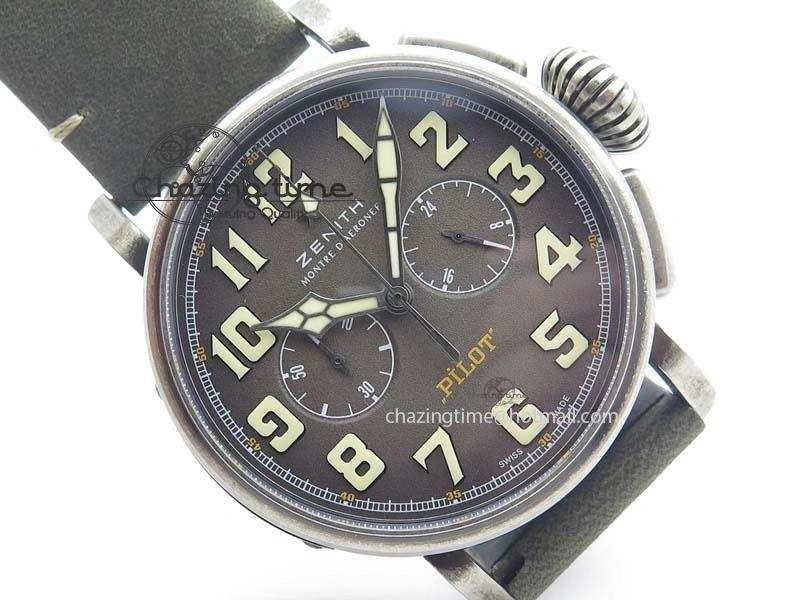 ZeroBulk Heritage Pilot Ton-Up Aged SS Case Gray Dial On Green Leather Strap Jap Quartz 10035