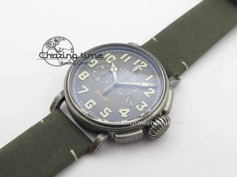 ZeroBulk Heritage Pilot Ton-Up Aged SS Case Gray Dial On Green Leather Strap Jap Quartz 10035
