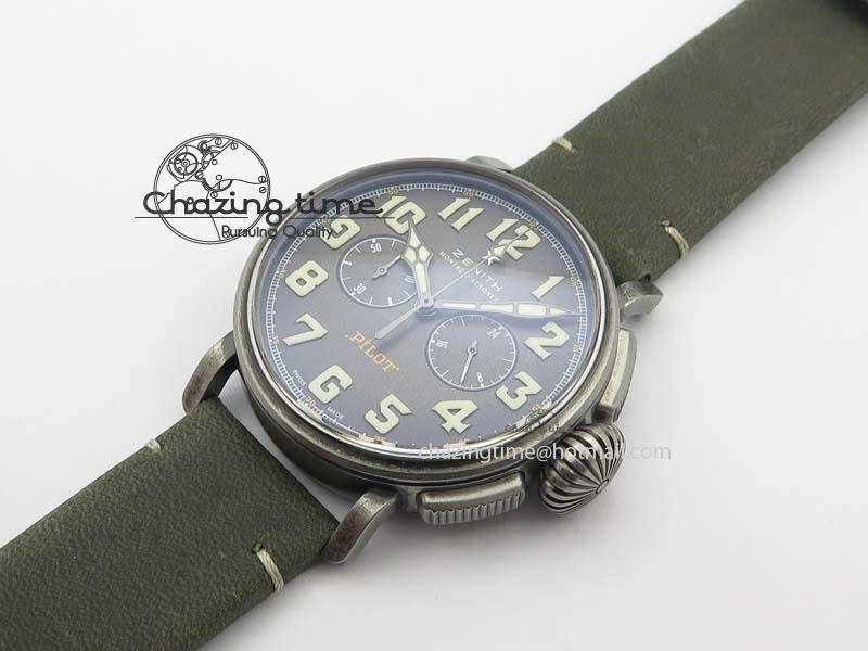 ZeroBulk Heritage Pilot Ton-Up Aged SS Case Gray Dial On Green Leather Strap Jap Quartz 10035