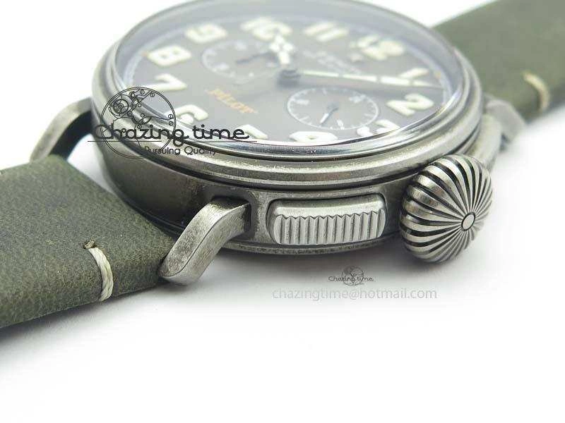 ZeroBulk Heritage Pilot Ton-Up Aged SS Case Gray Dial On Green Leather Strap Jap Quartz 10035
