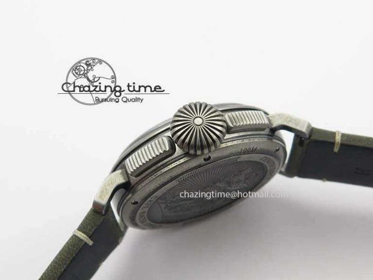 ZeroBulk Heritage Pilot Ton-Up Aged SS Case Gray Dial On Green Leather Strap Jap Quartz 10035