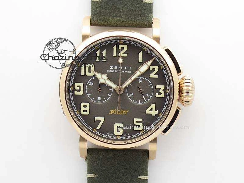 FlexibleFit Heritage Pilot Ton-Up RG Case Gray Dial On Green Leather Strap Jap Quartz 10034