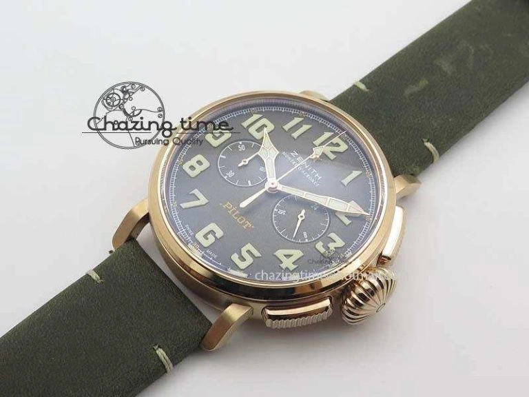 FlexibleFit Heritage Pilot Ton-Up RG Case Gray Dial On Green Leather Strap Jap Quartz 10034