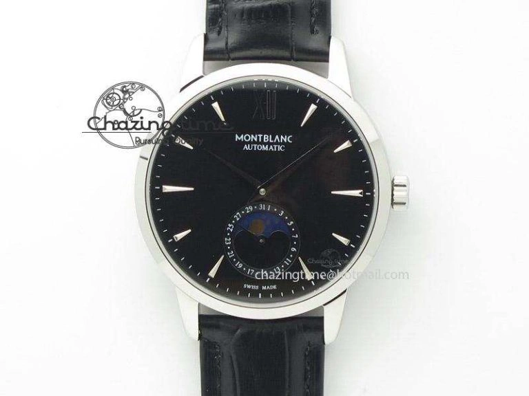 Heritage Spirit Moonphase SS Black Dial On Black Leather Strap MIYOTA Supportive 7627