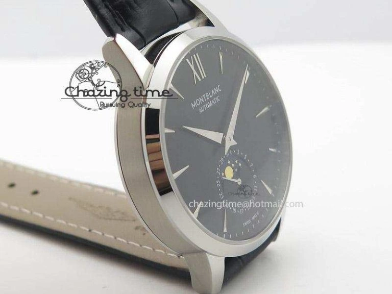 Heritage Spirit Moonphase SS Black Dial On Black Leather Strap MIYOTA Supportive 7627