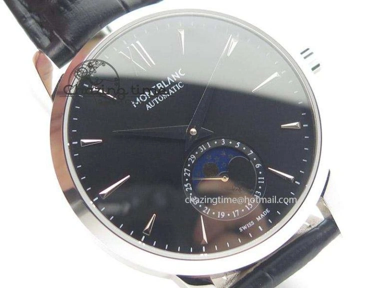 Heritage Spirit Moonphase SS Black Dial On Black Leather Strap MIYOTA Supportive 7627