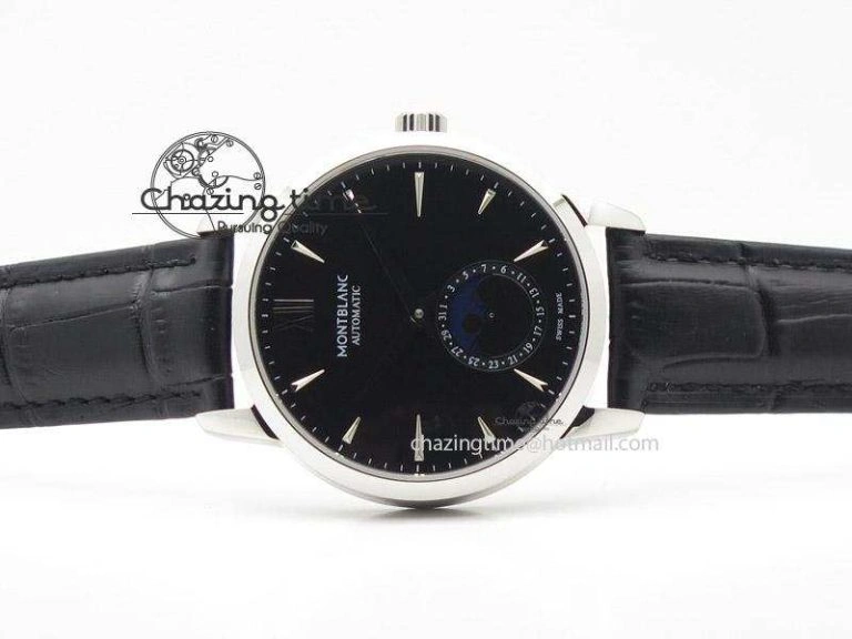 Heritage Spirit Moonphase SS Black Dial On Black Leather Strap MIYOTA Supportive 7627