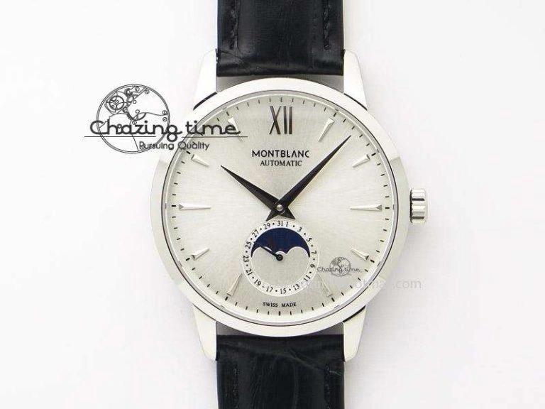 MoistureWicking Heritage Spirit Moonphase SS Silver Dial SS Markers On Black Leather Strap MIYOTA 7626