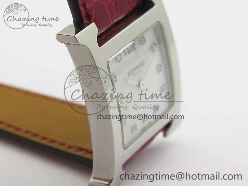 Comfortable Heure H Ladies SS MKF 1:1 Best Edition White MOP Dial On Red Croc Leather Strap Swiss Quartz 6664