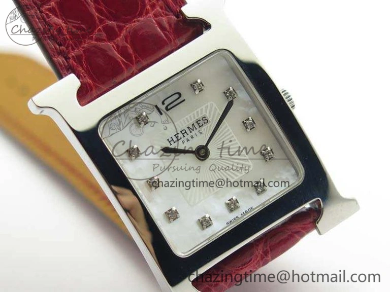 Comfortable Heure H Ladies SS MKF 1:1 Best Edition White MOP Dial On Red Croc Leather Strap Swiss Quartz 6664
