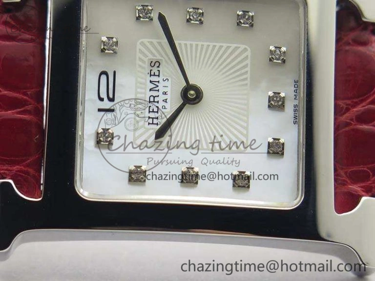 Comfortable Heure H Ladies SS MKF 1:1 Best Edition White MOP Dial On Red Croc Leather Strap Swiss Quartz 6664
