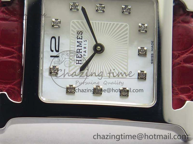 Comfortable Heure H Ladies SS MKF 1:1 Best Edition White MOP Dial On Red Croc Leather Strap Swiss Quartz 6664