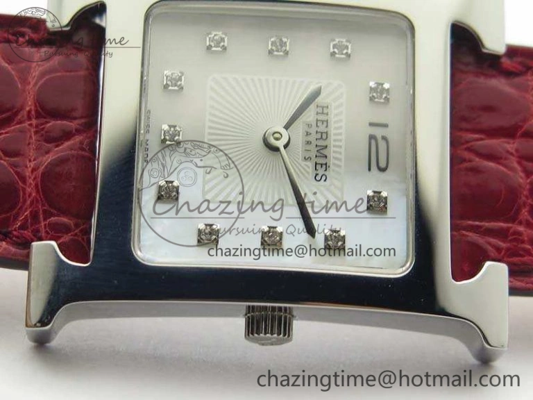 Comfortable Heure H Ladies SS MKF 1:1 Best Edition White MOP Dial On Red Croc Leather Strap Swiss Quartz 6664