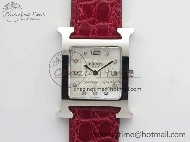 Comfortable Heure H Ladies SS MKF 1:1 Best Edition White MOP Dial On Red Croc Leather Strap Swiss Quartz 6664